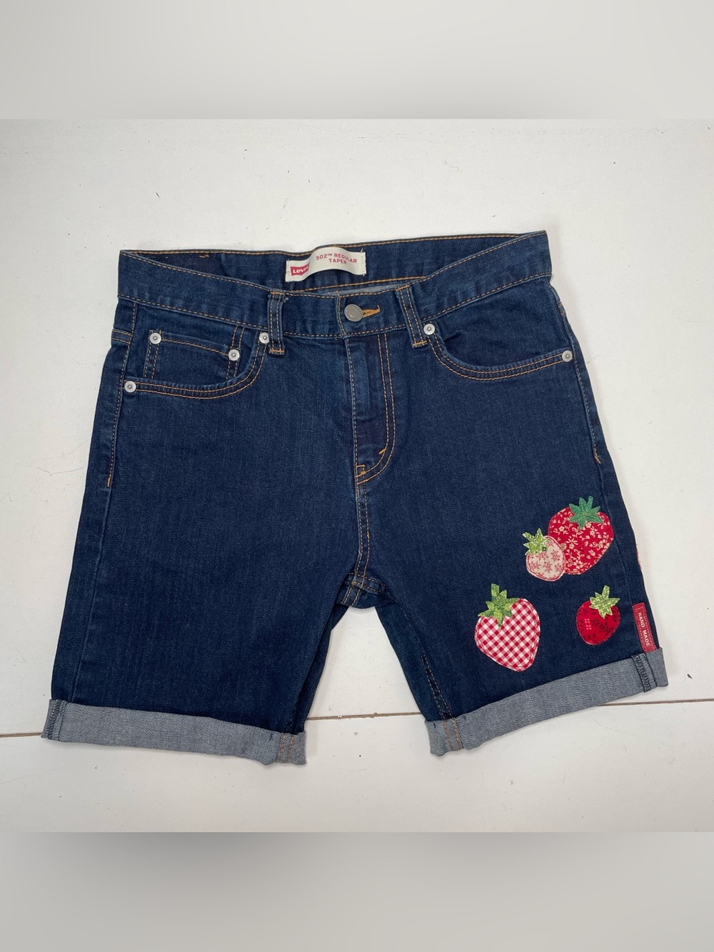 Levi’s 502 Reworked Custom Strawberry Applique Denim Shorts size 28